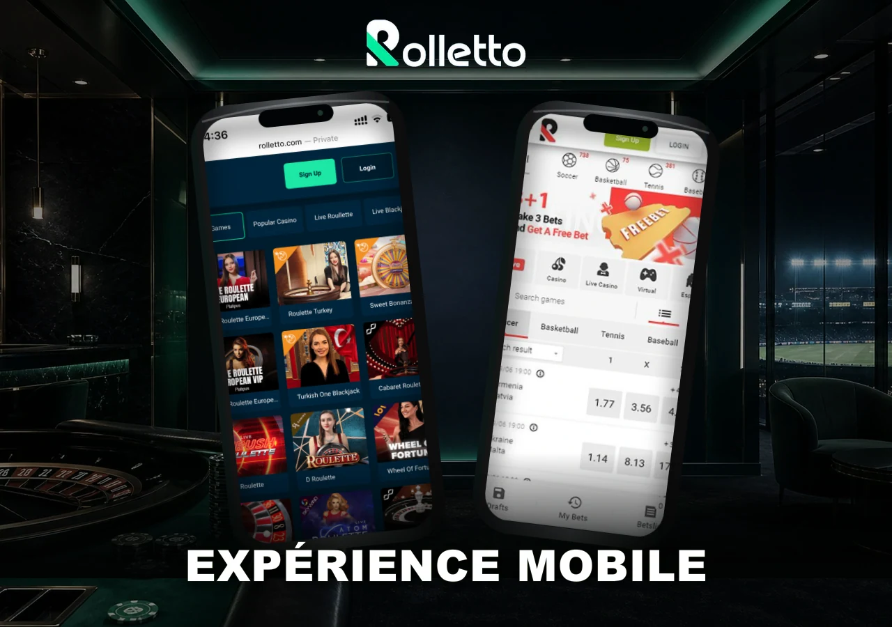 Versions mobiles du casino et du sportsbook Rolletto