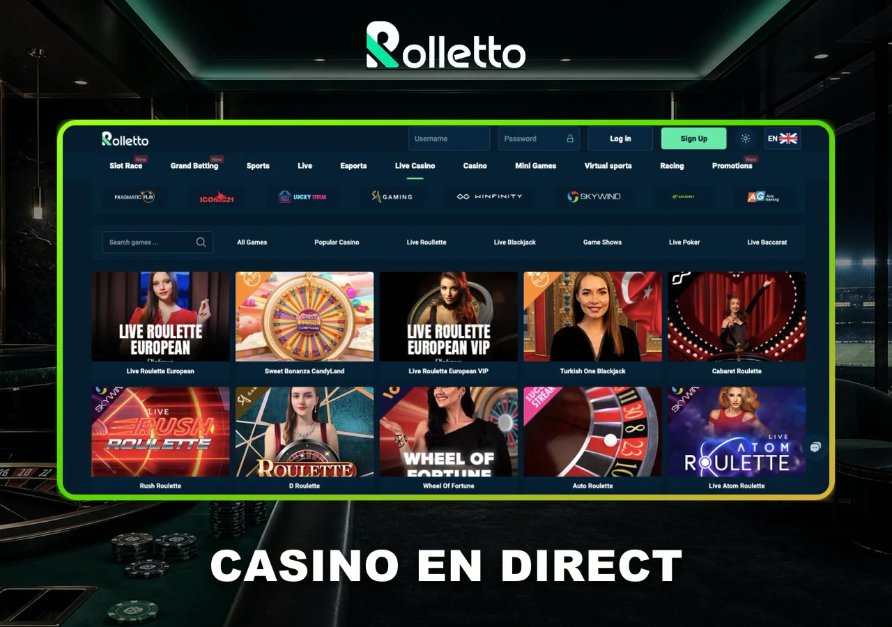 Tables de roulette et jeux avec croupiers dans Rolletto Casino live